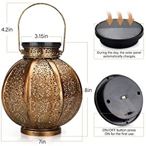 3500K Besar Luar Lentera Surya Logam Retro Menggantung Lampu Tenaga Surya